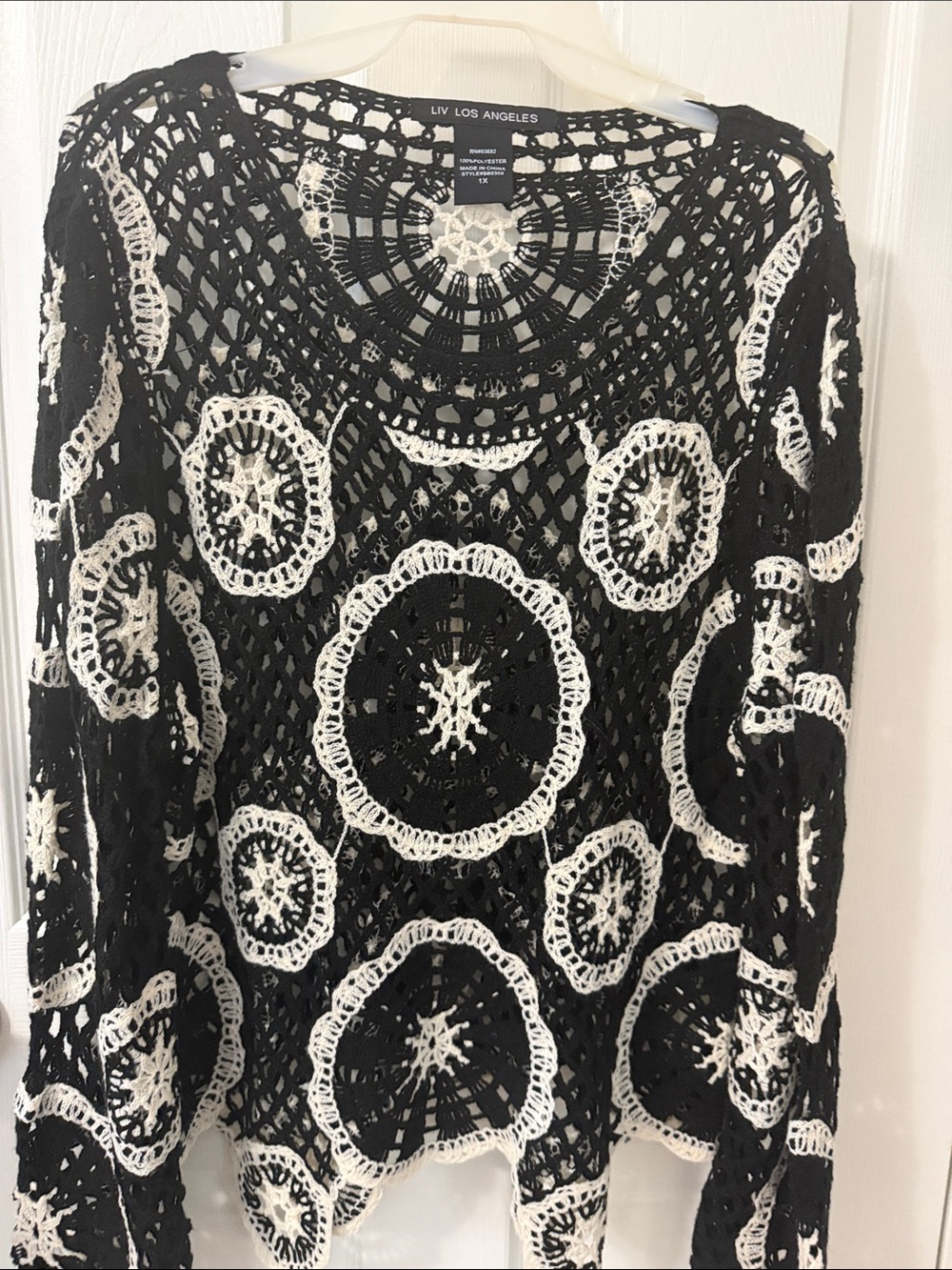 L.I.Y. Los Angeles Black & White Crochet Open-Knit Long Sleeve Top